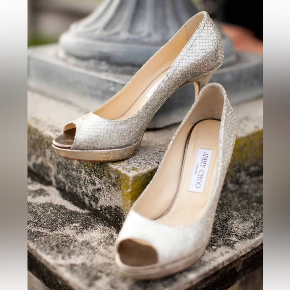 Jimmy Choo Luna Platform Pumps Champagne Glitter Fabric SZ 39 Peep Toe High Heel